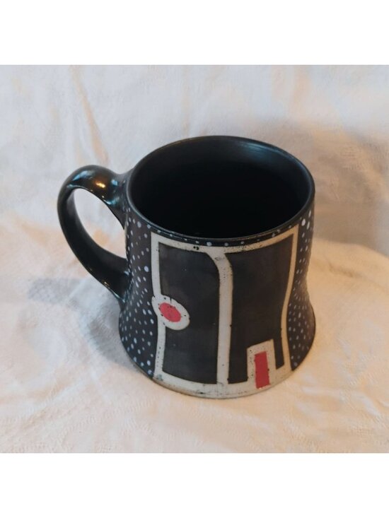 Handmade Other - Handmade Black White Red Speckled Geometric Wide Bottom Mug 14 oz Artisan Signed